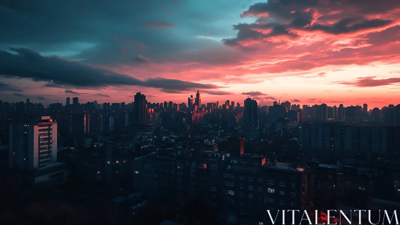 Neon dusk skyline over dense city blocks in cyan haze.