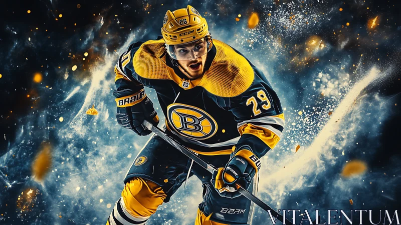 Electric ice hockey hero racing through swirling sparks.