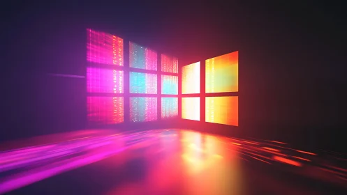 Glowing data window grid projects neon light trails across floor