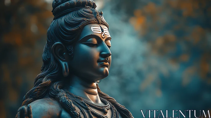 Serene Shiva sculpture with soft bokeh and teal haze.