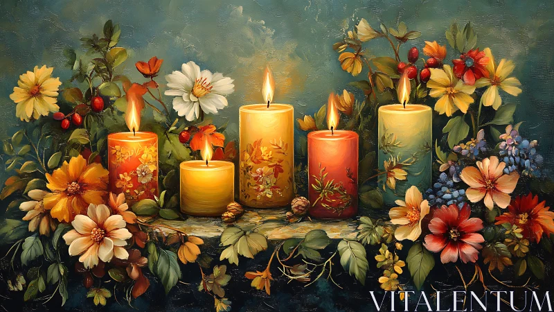 Illuminated Floral Arrangement. Decorative Candles Surrounded by Blooms.