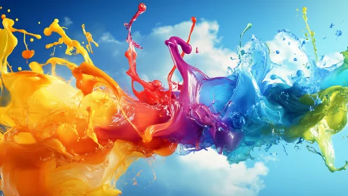 Joyful rainbow paint splash dancing across blue sky.