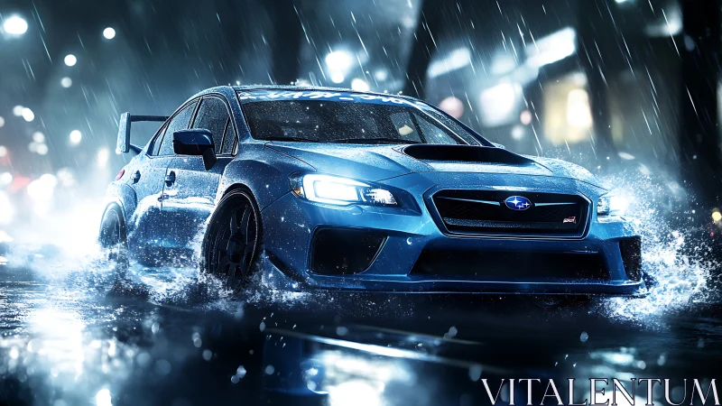 Blue Subaru WRX STI drives through heavy urban night rain