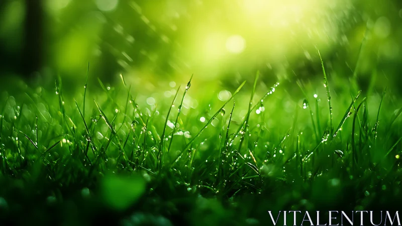 Morning grass blades catch glowing backlit raindrops.
