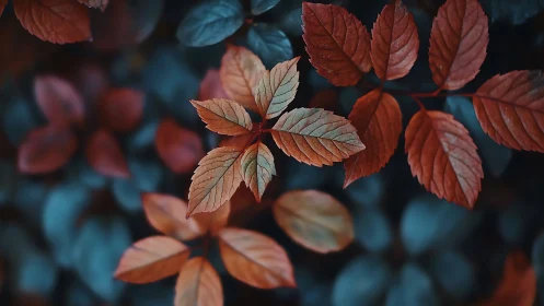 Gentle autumn leaves glow softly against deep cool shadows