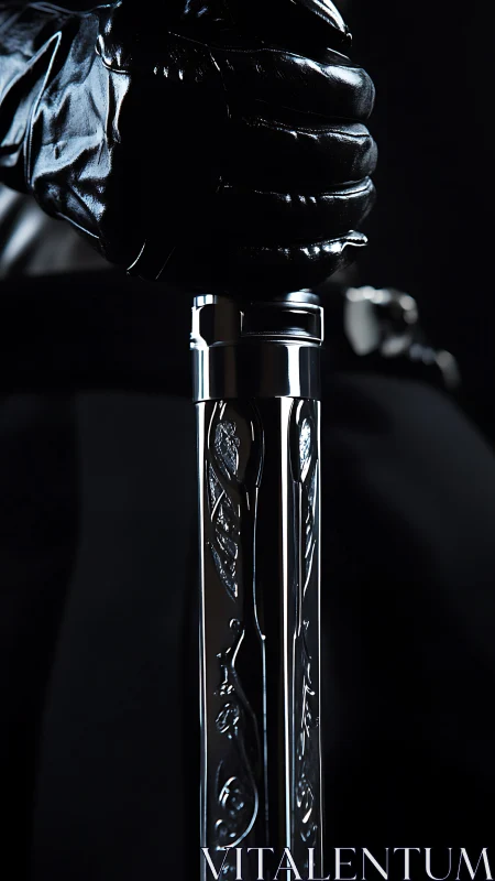 Midnight gauntlet tightens around a mirrored ceremonial blade