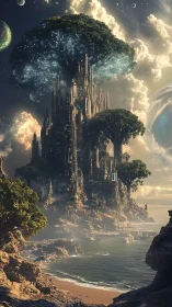 Colossal arboreal megacity rises above misty ocean shore