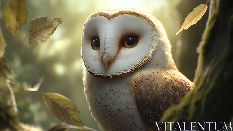 Realistic Barn Owl in Sunlit Forest, Soft Nature Photography Style.