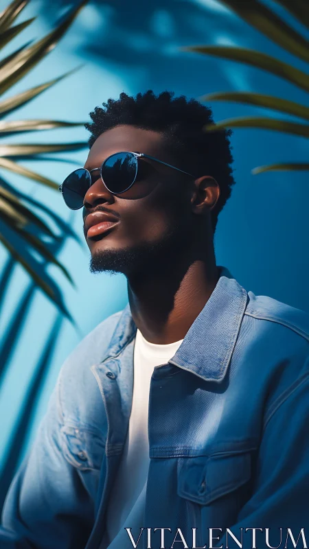 Man in sunglasses sits against blue wall under directional light