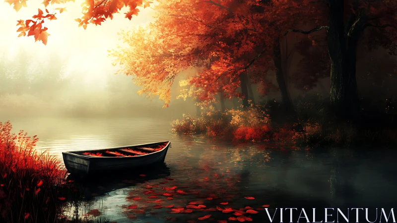 Golden autumn boat rests softly beside a glowing forest lake
