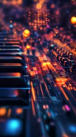 Neon piano keys merge with luminous digital circuitry.