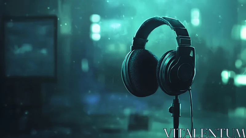 Acoustic isolation headset on stand in teal bokeh environment.