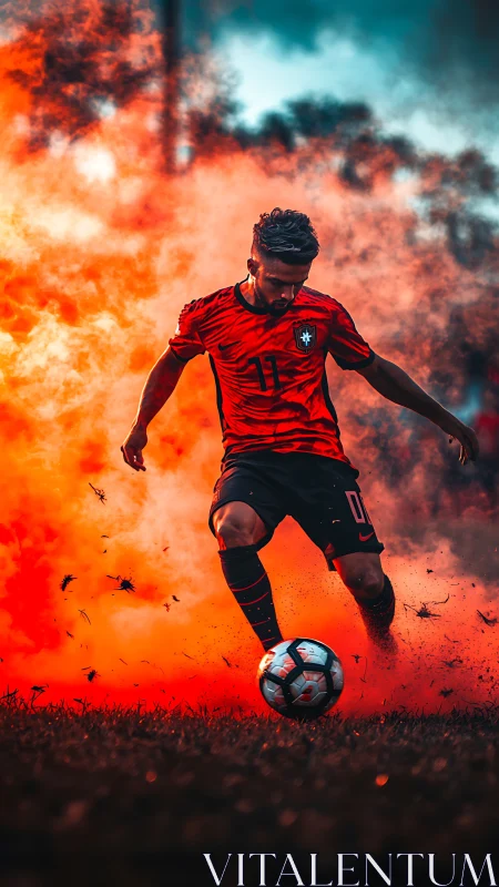 Dynamic footballer dribbling through vivid orange smoke clouds