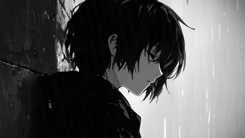 Solitary anime figure leans in rain with quiet sorrow.