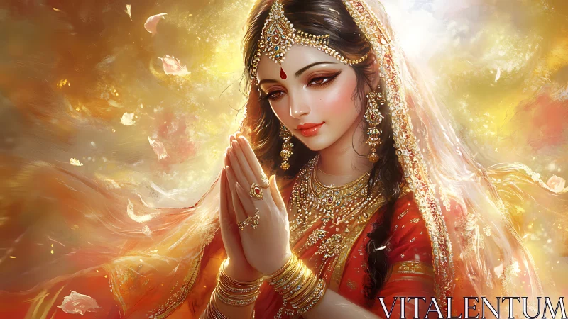 Graceful woman in red saree offers a peaceful, glowing prayer