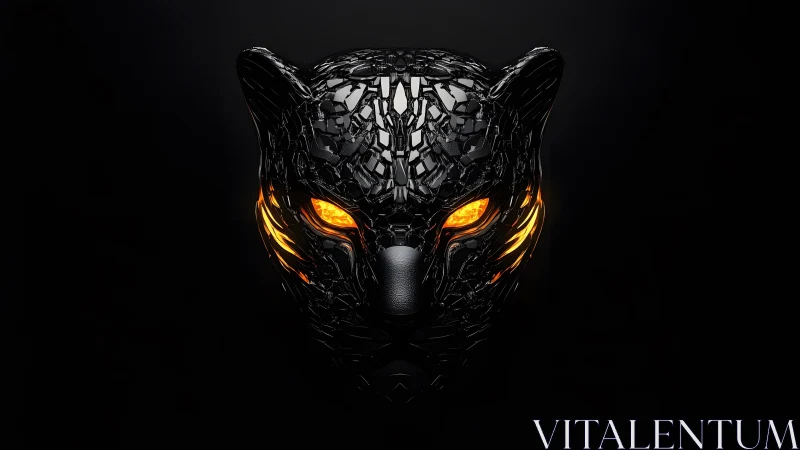 Futuristic Black Panther Mask with Fiery Orange Eyes in Digital Art. Futuristic Black Panther Mask with Fiery Orange Eyes in Digital Art.