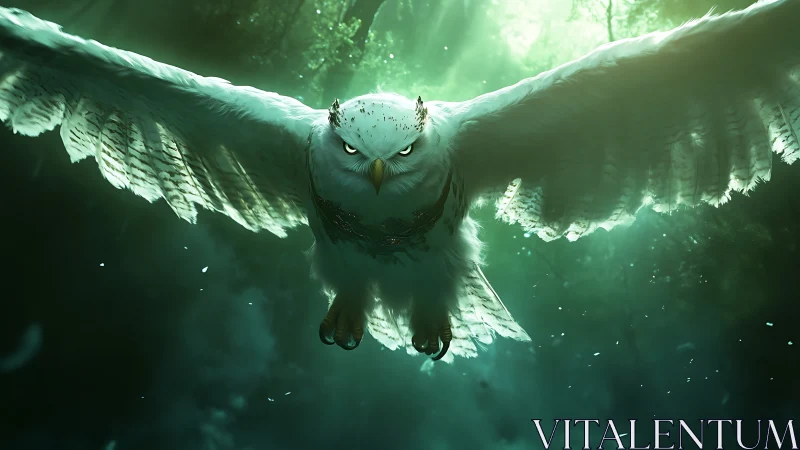 Majestic white owl soaring through mystical forest, digital art.