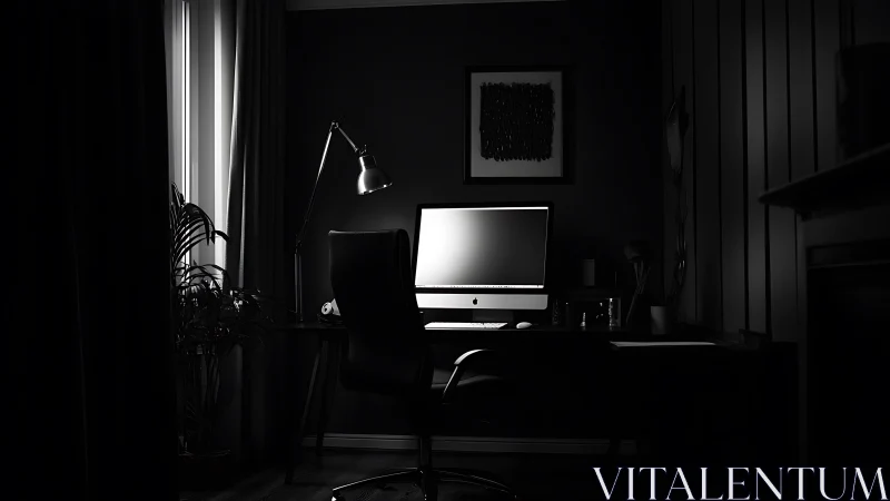 Midnight monitor glow in a shadow-drenched minimalist studio.