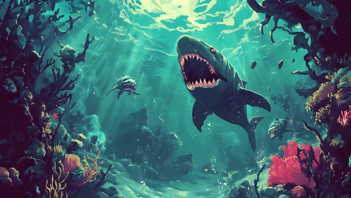 Roaring sharks glide through a sunlit reef with wild energy