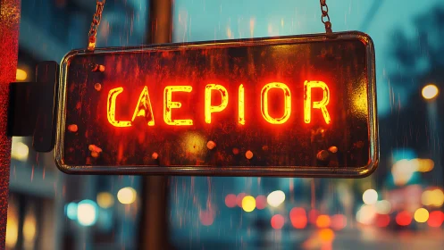 Red neon CAEPIOR sign in rainy urban street scene.