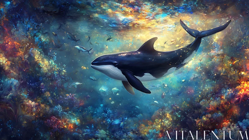 Whale in luminous digital reef environment, side profile view.