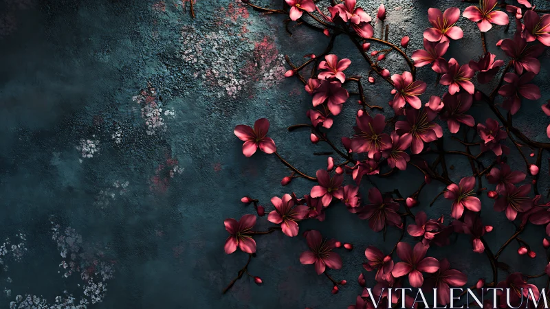 Digital rendering of clustered magenta flowers with dynamic lighting on weathered dark surface