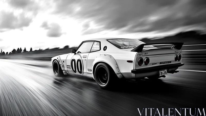 Monochrome track capture of retro Nissan race coupe in motion.