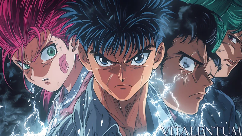 Dynamic quartet of intense anime fighters with crackling energy arcs