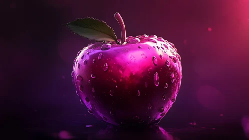 Rendered wet apple is illuminated by magenta rim lighting