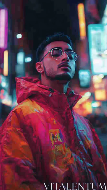 Neon city wanderer wrapped in glowing streetlight hues.