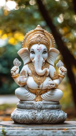 Ornate Ganesha idol in serene outdoor bokeh setting.