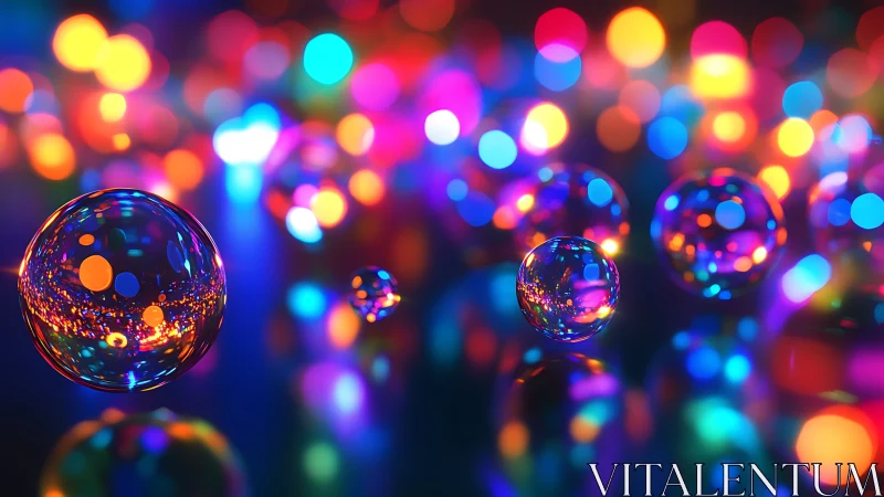 Glowing glass spheres float among multicolored bokeh lights
