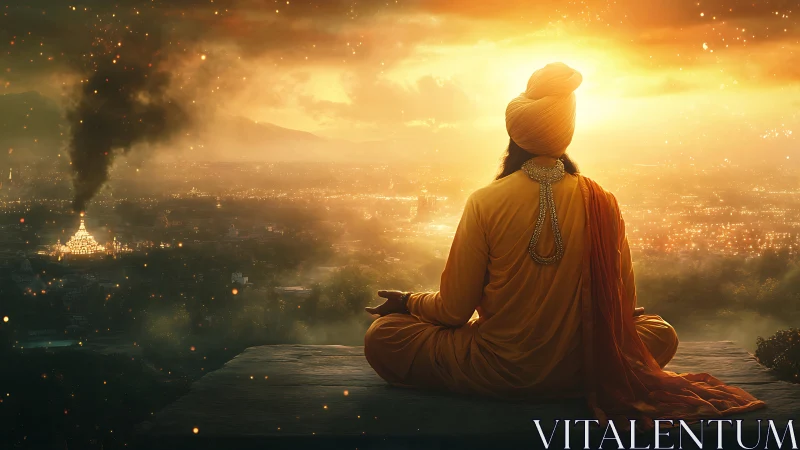 Meditating sage above burning temple city at sunrise.