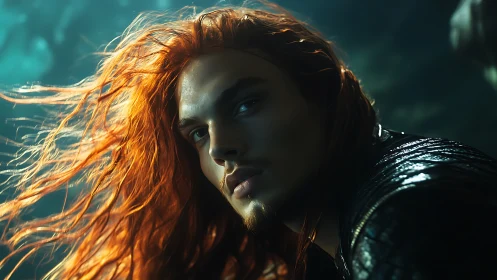 Gaze of the red‑haired underwater wanderer in light.