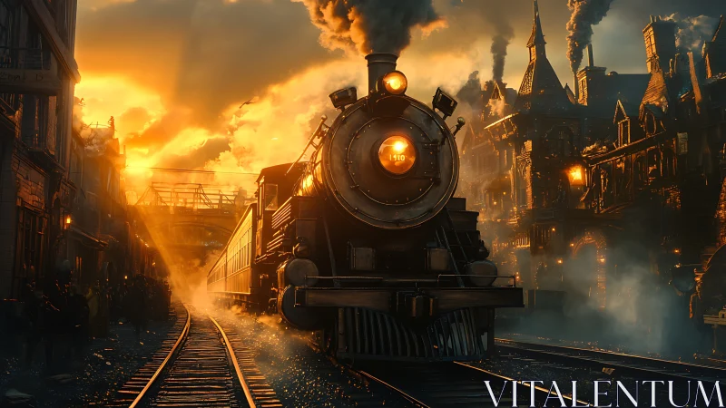 Golden hour steam train rolls through a glowing cityscape