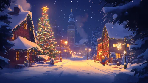 Snowy village street with large decorated Christmas tree.