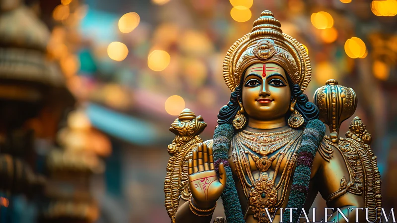 Polychrome Hindu deity sculpture under shallow bokeh field.