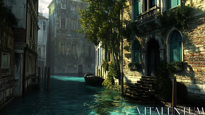 Sunlit Venetian canal embraces weathered stone facades.