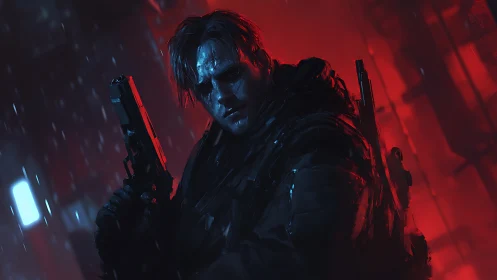 Hardened gunman in rainlit cyberpunk alley at night.