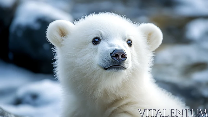 Close-up portrait of young polar bear in snowy habitat.