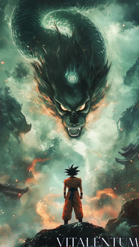 Human figure facing large ethereal dragon in misty gorge.