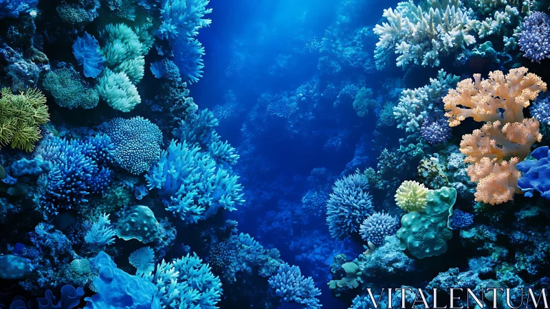 Shimmering coral canyon in luminous sapphire depths.