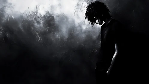 Shadowed loner drifts through stormlit monochrome silence.