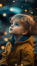 Small child gazes upward under warm glowing lights outdoors