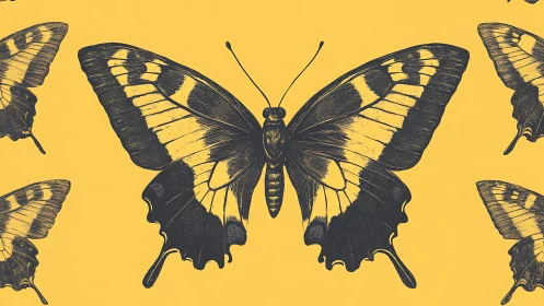 Entomological butterfly engraving contrasts against flat yellow ground