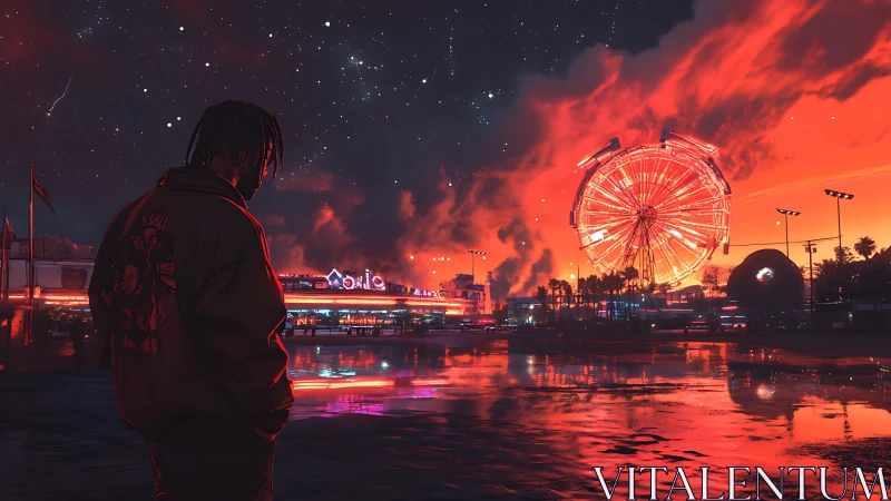 Silhouetted figure surveys neon ferris wheel over wet fairground