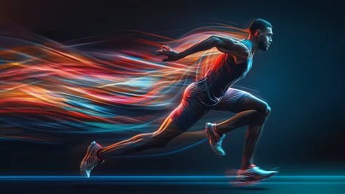 Sprinter accelerates forward with neon motion trails behind