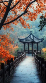 Wooden pavilion walkway under vivid autumn foliage.