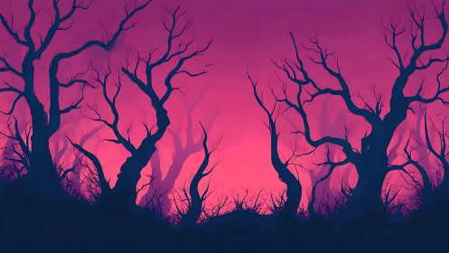 Twisted dusk forest silhouettes under vivid magenta sky.