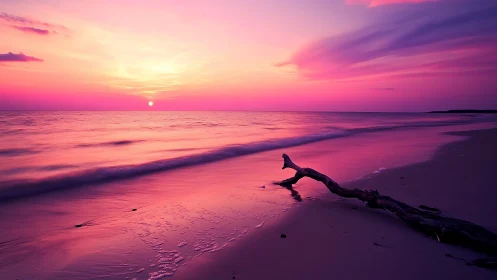 Vibrant sunset over tranquil beach with driftwood, surreal colors.